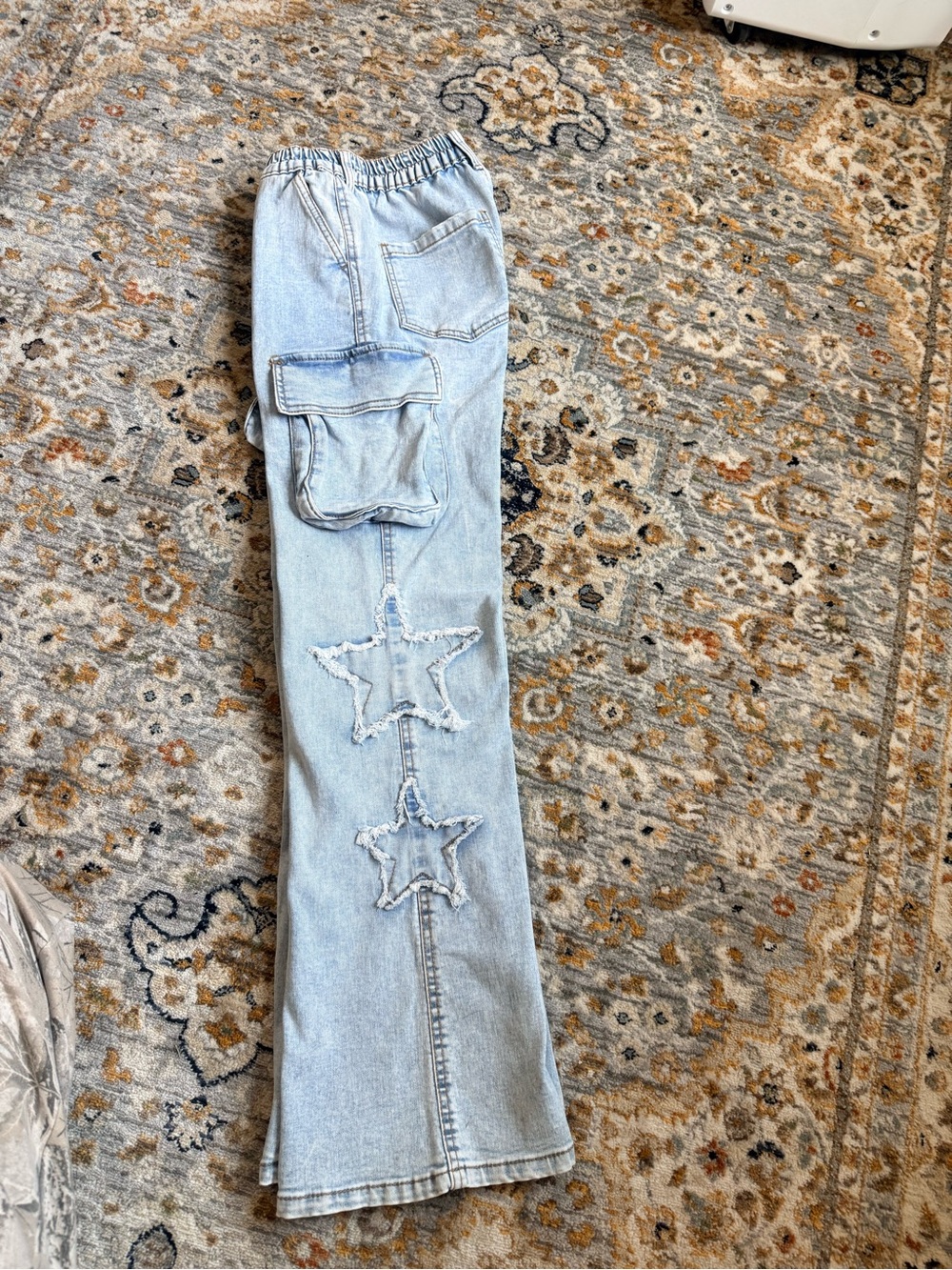 Light Blue Star Wide Leg Cotton Jeans with Cargo Pockets